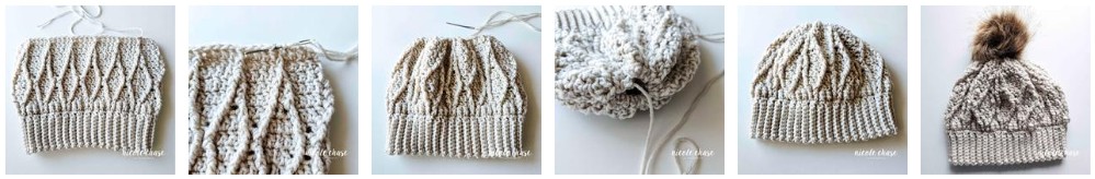 A crochet tutorial collage showing how to finish the Adaleigh Beanie by cinching the top of the hat closed with a yarn needle, weaving in the ends, and attaching a pom for this free crochet beanie pattern. 