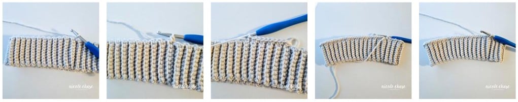 A crochet tutorial collage showing how to work the first round of the Adaleigh beanie body. Photos demonstrating working the first set of stitches into the edge of the ribbing rows to begin the cable texture. 