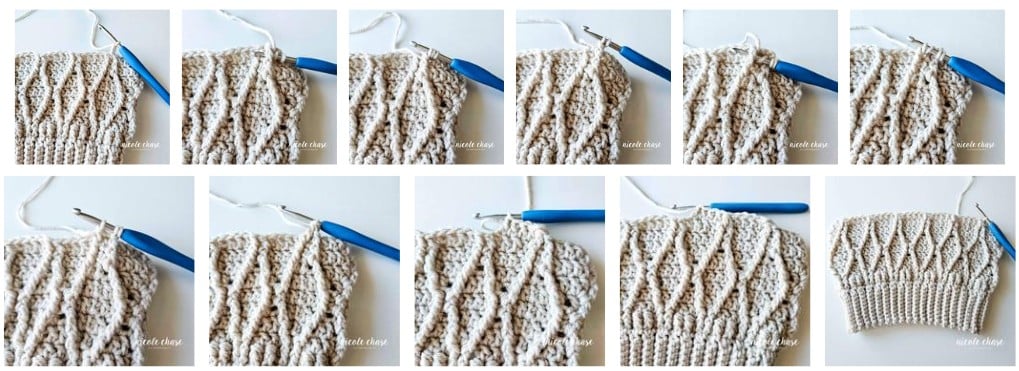 A crochet tutorial collage for Round 10 of the free beanie crochet pattern. Detailed photos show the continued cable pattern for sizes 6-12 months and up. 