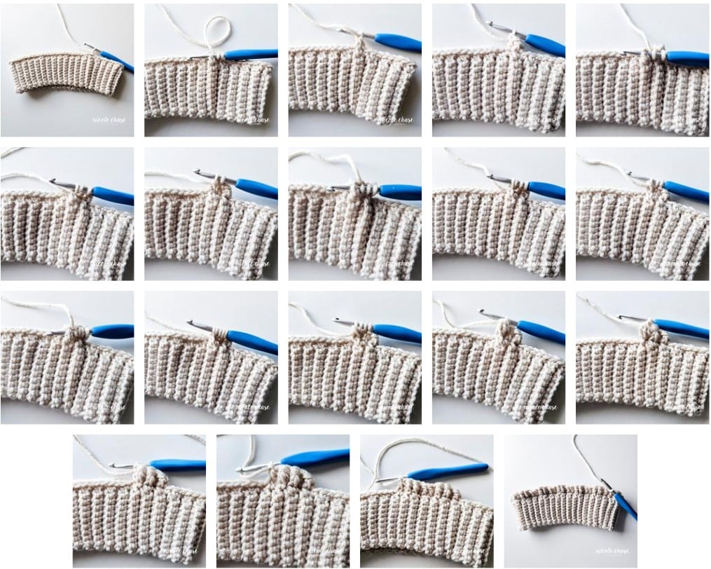 A crochet tutorial collage demonstrating R2 of the Adaleigh beanie body. Step by step photos show how to work front post double crochet stitches and clusters around the previous round to create the raised cable texture on the hat. 