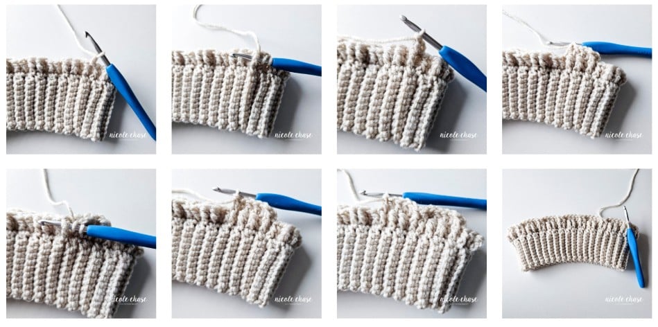 A crochet tutorial collage for Round 3 of the Adaleigh Beanie. Step by step photos demonstrate working double crochet stitches and front post double crochet stitches to align with the previous round, establishing a cable pattern for this free crochet beanie. 