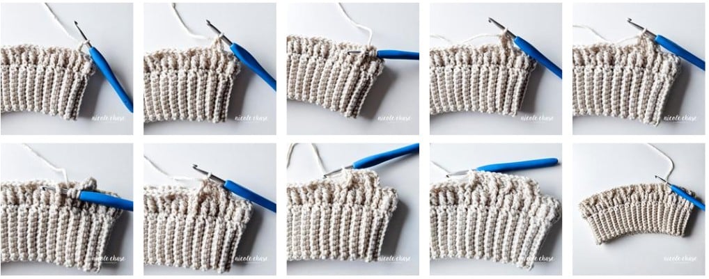 A crochet tutorial collage for Round 4 of the Adaleigh Beanie. Detailed photos show the placement of front post double crochet stitches to create inward facing lines. 