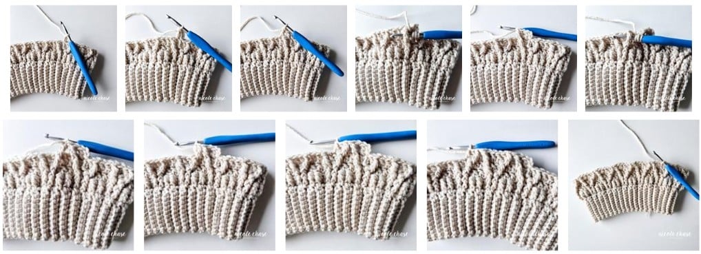 A crochet tutorial collage for Round 5 of the Adaleigh Beanie. Photos show the continuation of the cable pattern, demonstrating how to maintain the textured design as the hat body grows. 