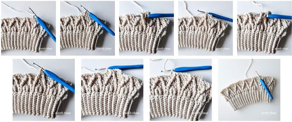 A crochet tutorial collage for Round 6 of the Adaleigh Beanie. Photo demonstrates the repeating stitch sequence, showing how the double crochet and front post double crochet stitches continue the cable texture up the side of the hat, now in an outward direction.