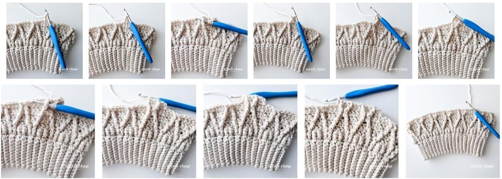 A crochet tutorial collage for Round 7 of the Adaleigh Beanie. The step by step photos show the cable pattern going outward. 