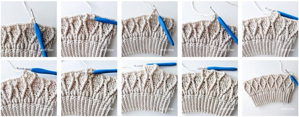 A crochet tutorial collage for Round 8 of the Adaleigh Beanie. Detailed photos show the completion of the cable repeat, illustrating how the front post double crochet stitches are forming a diamond-like texture of the beanie body. 
