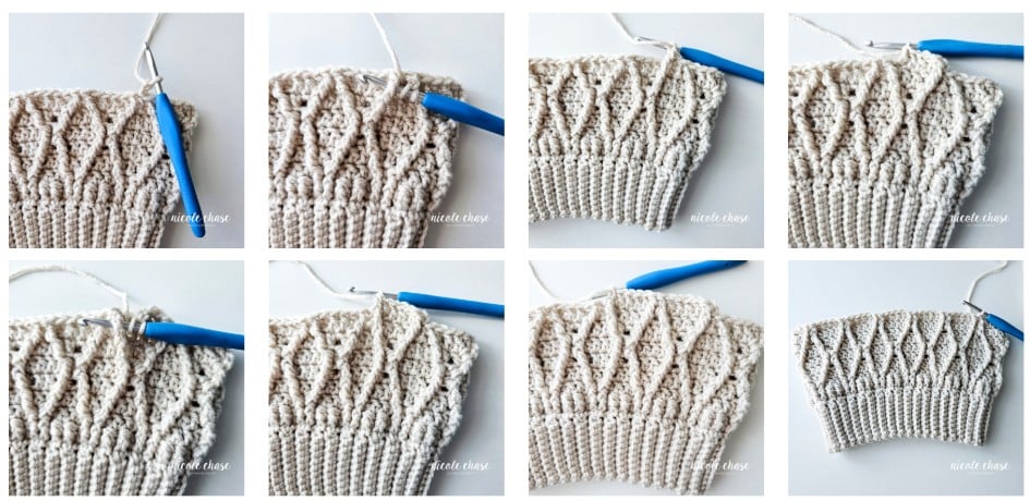A crochet tutorial collage for Round 9 of the Adaleigh Beanie. Showing the continued diamond cable pattern for sizes 3-6 months and larger, demonstrating the height and texture of the finished hat body. 