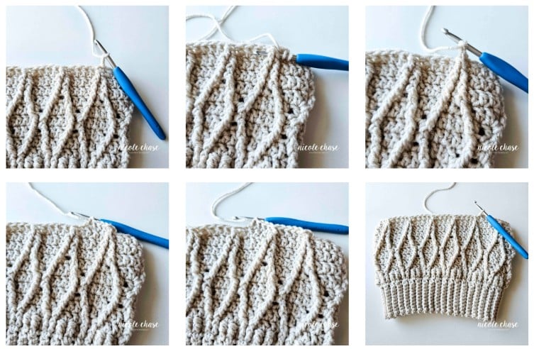 A crochet tutorial collage demonstrating the Adaleigh Beanie crochet pattern for Round 9 (0-3 months), Round 10 (3-6 months), and Round 11 (6-12 months and up), showing the consistent cable texture. 