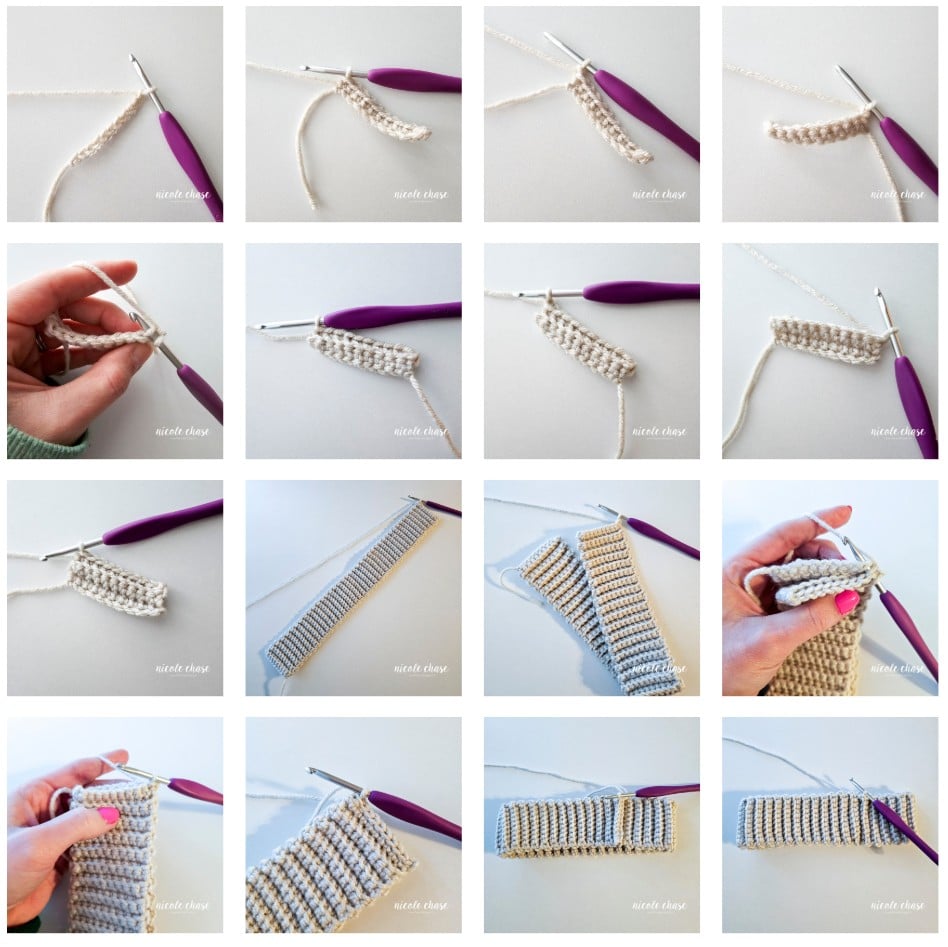 A photo collage tutorial demonstrating how to crochet the ribbed band for the Adaleigh beanie for all sizes. The steps show making a foundation chain, working single crochet stitches into the back loops to create texture, assembling the long ribbed strip, and slip stitching the ends together to form a circular cuff. 