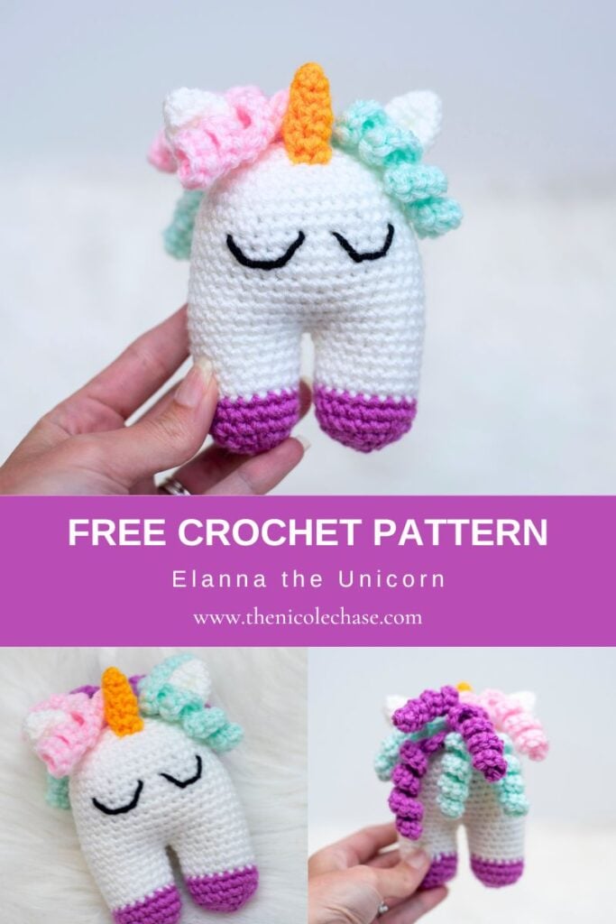 Pinterest pin graphic featuring photos of the crocheted Elanna the Unicorn baby toy with text overlay reading "FREE CROCHET PATTERN Elanna the Unicorn www.thenicolechase.com".