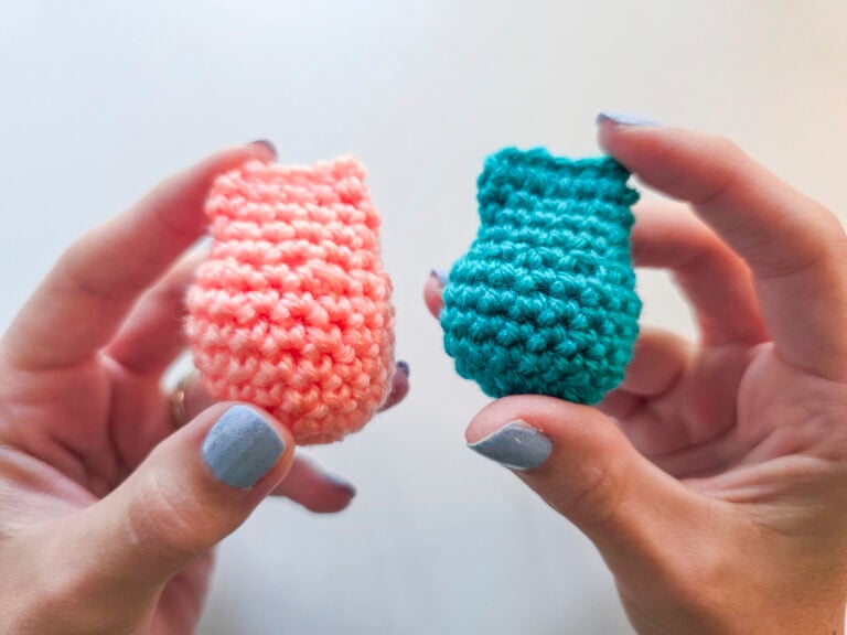 Two crocheted amigurumi pieces side by side showing the difference between a standard single crochet decrease and an invisible decrease.