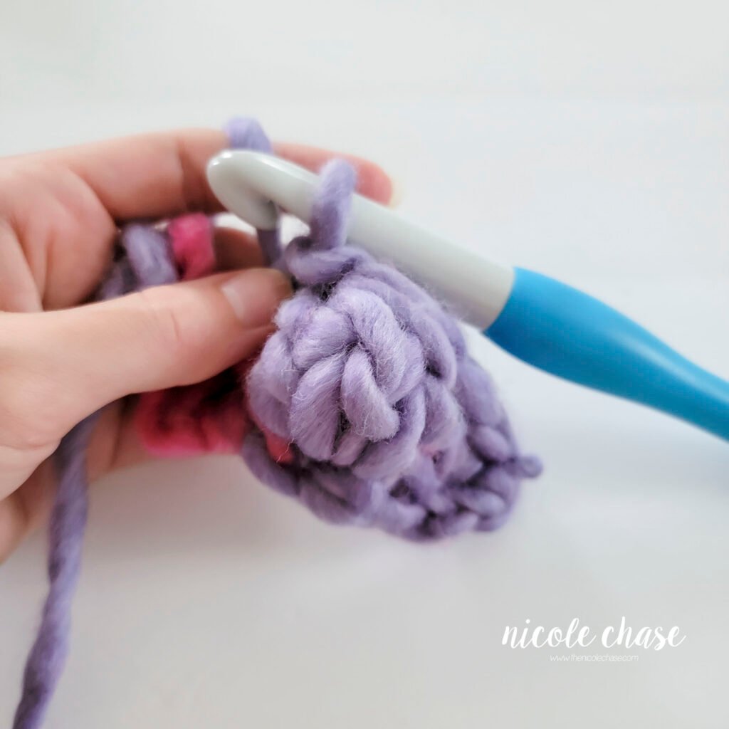 Crochet bobble stitch step 5: finishing the 3 DC bobble stitch.