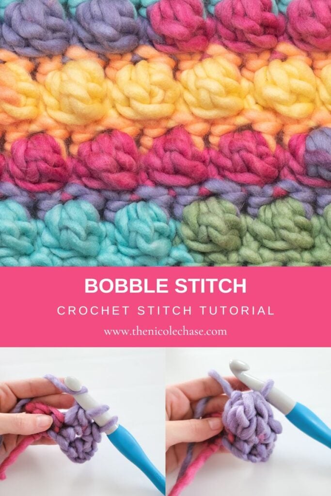 Pinterest pin image showing the completed crochet fabric swatch showing the puffy texture of the crochet bobble stitch.
