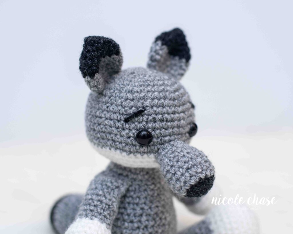 close up of the free wolf crochet pattern head