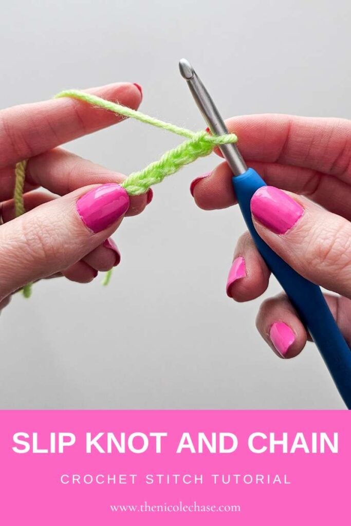 A Pinterest pin graphic for a beginner crochet tutorial on the slip knot and chain crochet stitch.