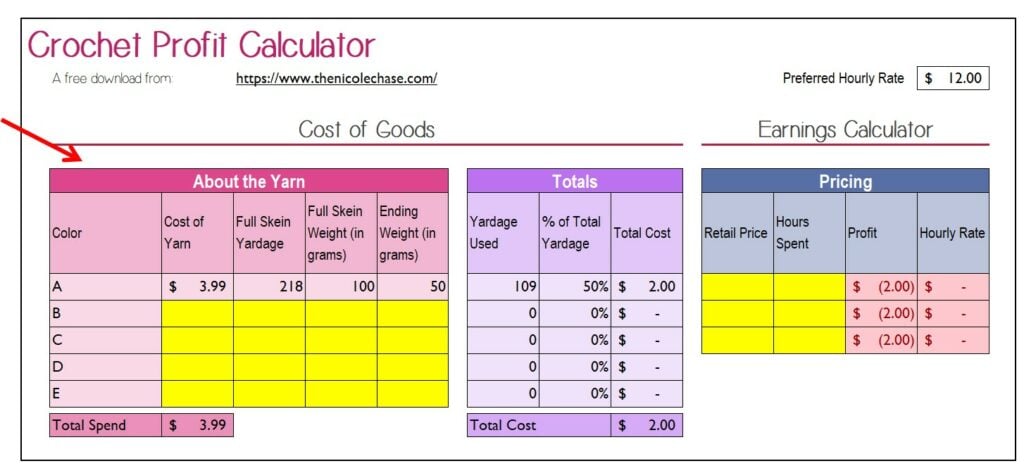 crochet pricing calculator with yarn details entered in