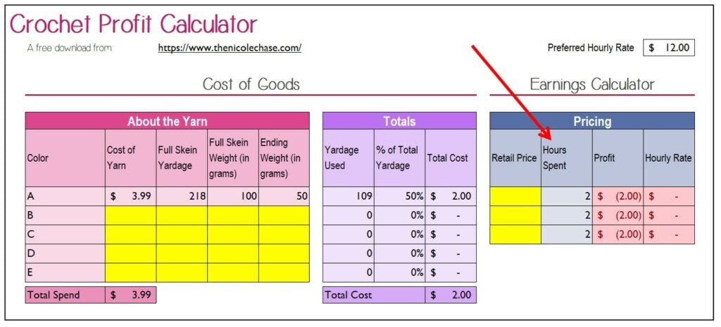 crochet profit calculator with hours spent entered in