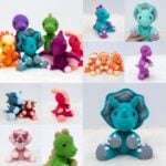 A large collage of various colorful amigurumi dinosaurs from a free dinosaur crochet patterns collection. Includes multiple Triceratops, T-Rex, Ankylosaurus and other crochet dinosaur toys in shades of blue, green, pink, purple, and orange, showcasing different sizes and poses.