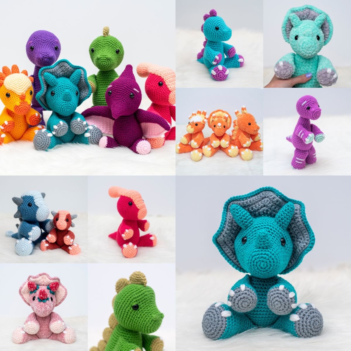 A large collage of various colorful amigurumi dinosaurs from a free dinosaur crochet patterns collection. Includes multiple Triceratops, T-Rex, Ankylosaurus and other crochet dinosaur toys in shades of blue, green, pink, purple, and orange, showcasing different sizes and poses.