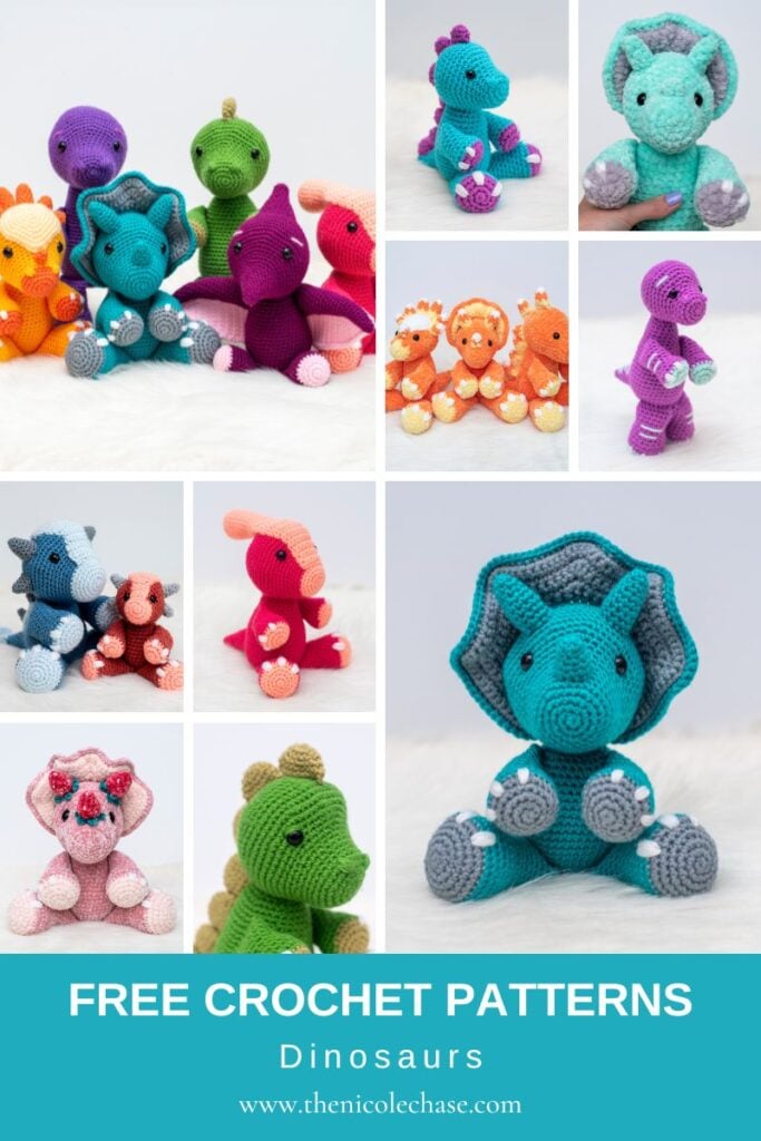 A collage of multiple finished amigurumi crochet dinosaur patterns, including a teal Triceratops, purple Apatosaurus, green Tarbosaurus, and more. The image promotes a collection of free, beginner-friendly crochet patterns for a variety of dinosaurs.