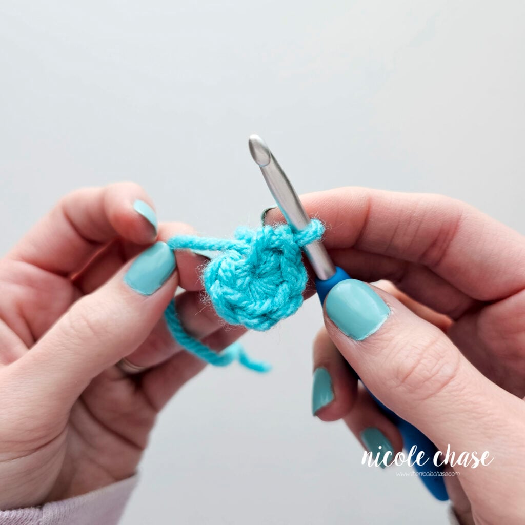 The center of the magic ring has been closed entirely, leaving no gap between the single crochet stitches.