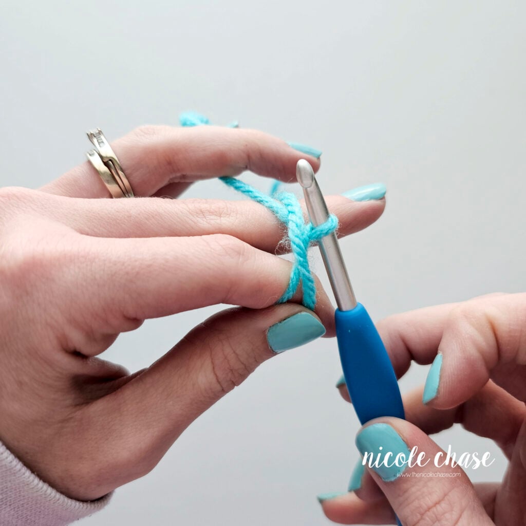 The hook has been twisted so that there is a loop of yarn on the hook.