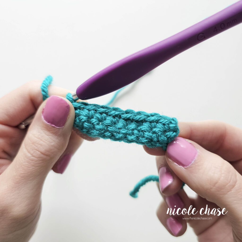 The second row of single crochet stitches has been completed in the same teal yarn, and the hands are holding the small swatch of teal stitches with the crochet hook.