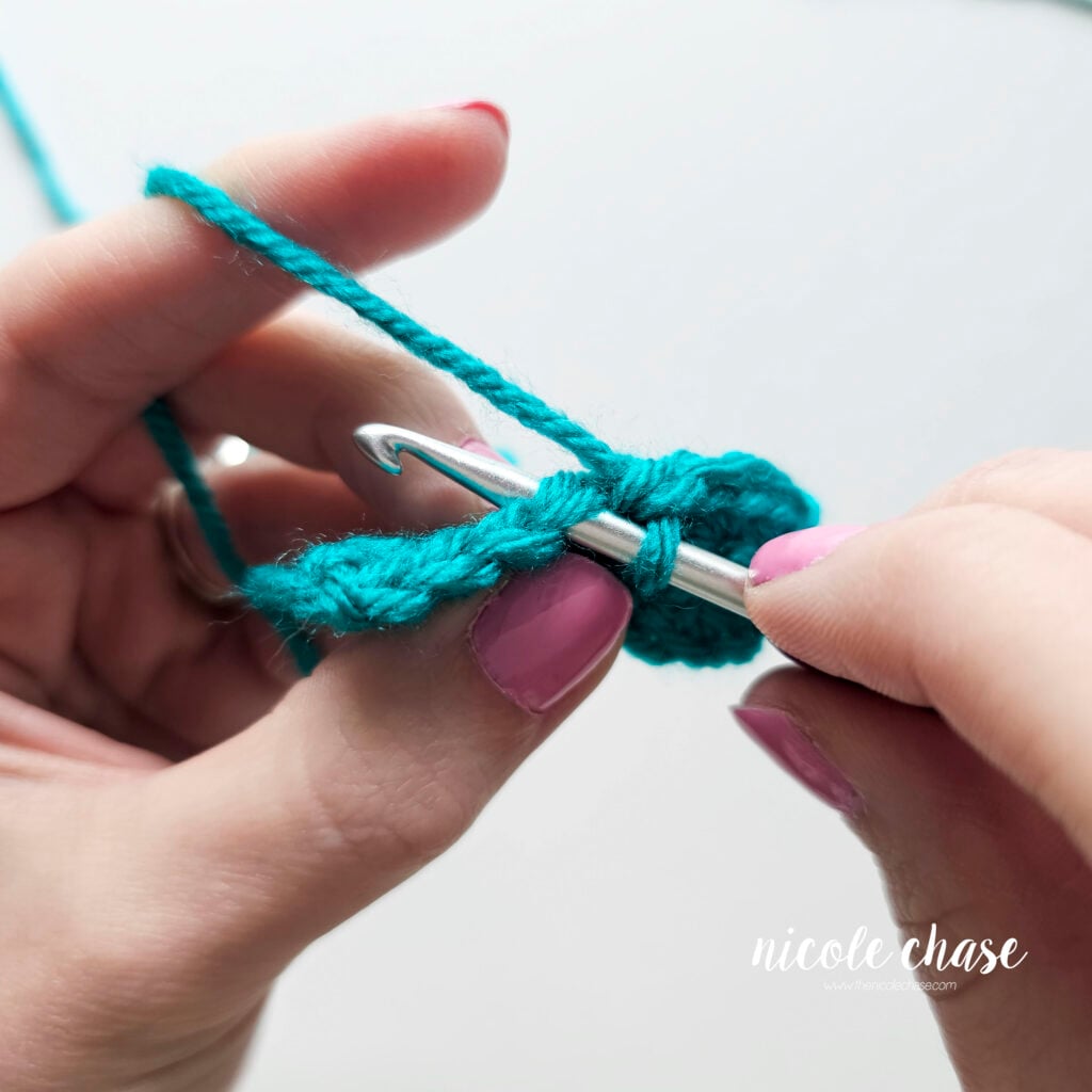 A top view close-up of a swatch of single crochet stitches demonstrating where to insert your hook when working a single crochet into the top loops of another single crochet.