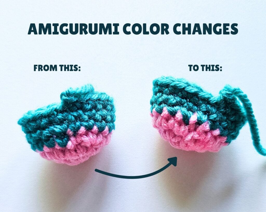 Graphic showing a color change on an amigurumi piece with a noticeable step up, and a color change on an amigurumi piece with a smooth finish, with text that says 'Amigurumi Color Changes' and 'From This: To This:'.