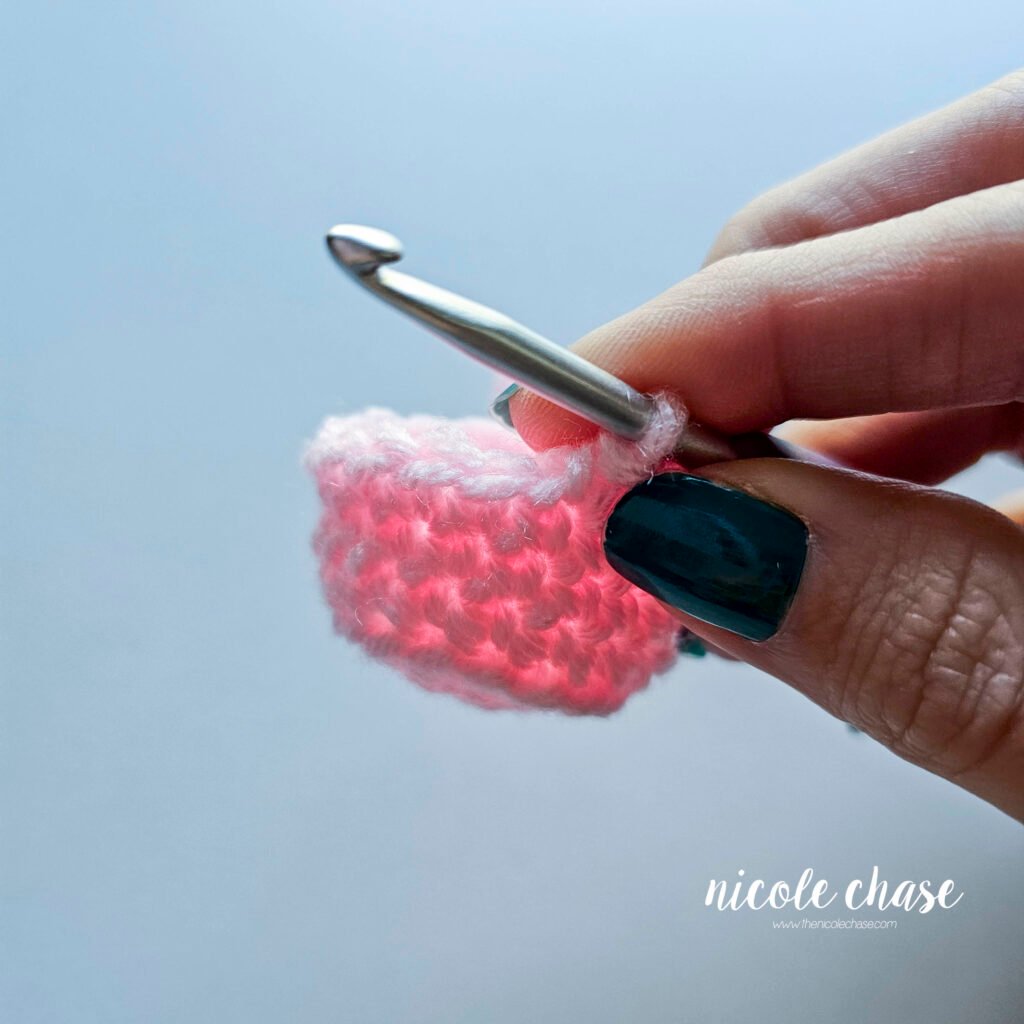 Close up of the amigurumi piece when ready to begin the crochet invisible color change.