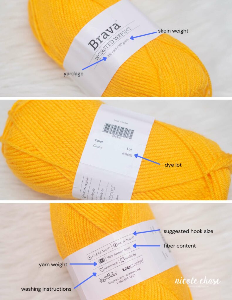 tutorial for the different parts of a yarn label on brava worsted yarn