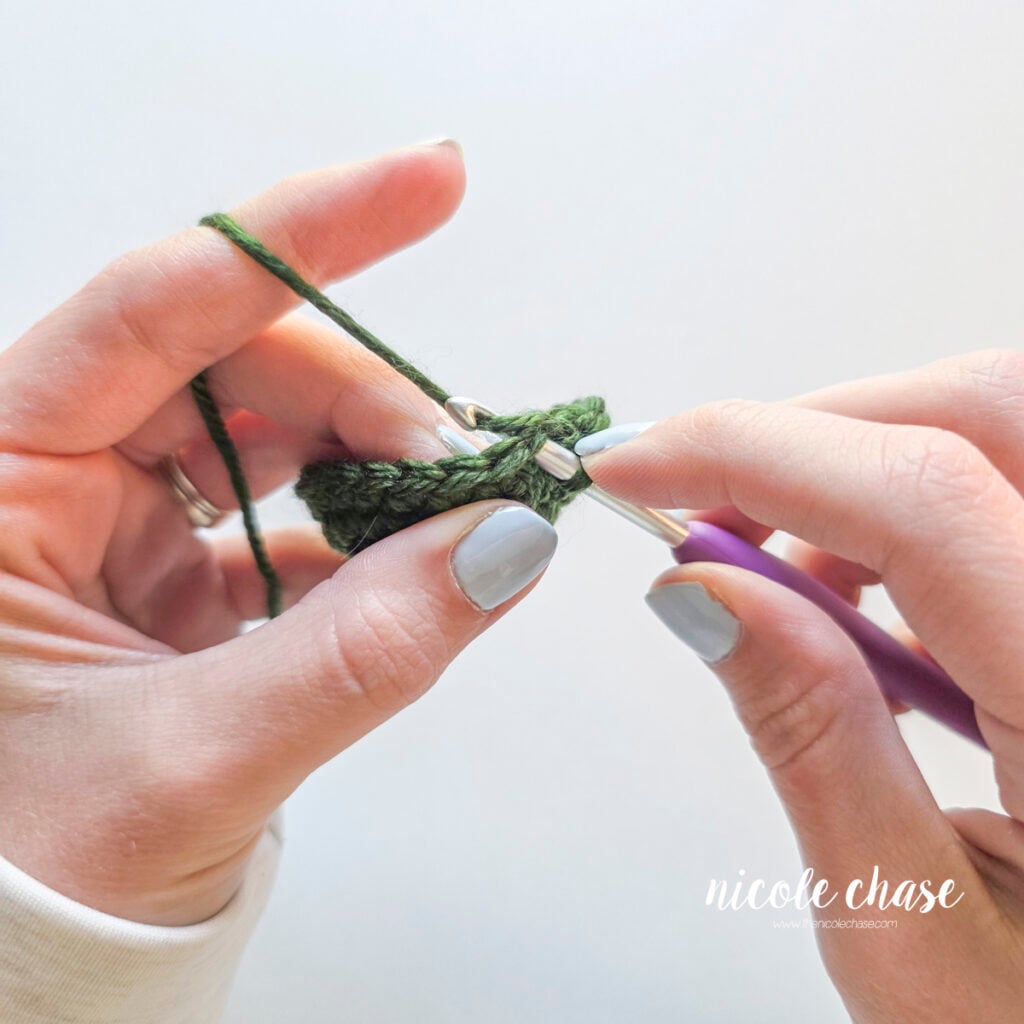 Yarning over by catching the green working yarn with the crochet hook. 