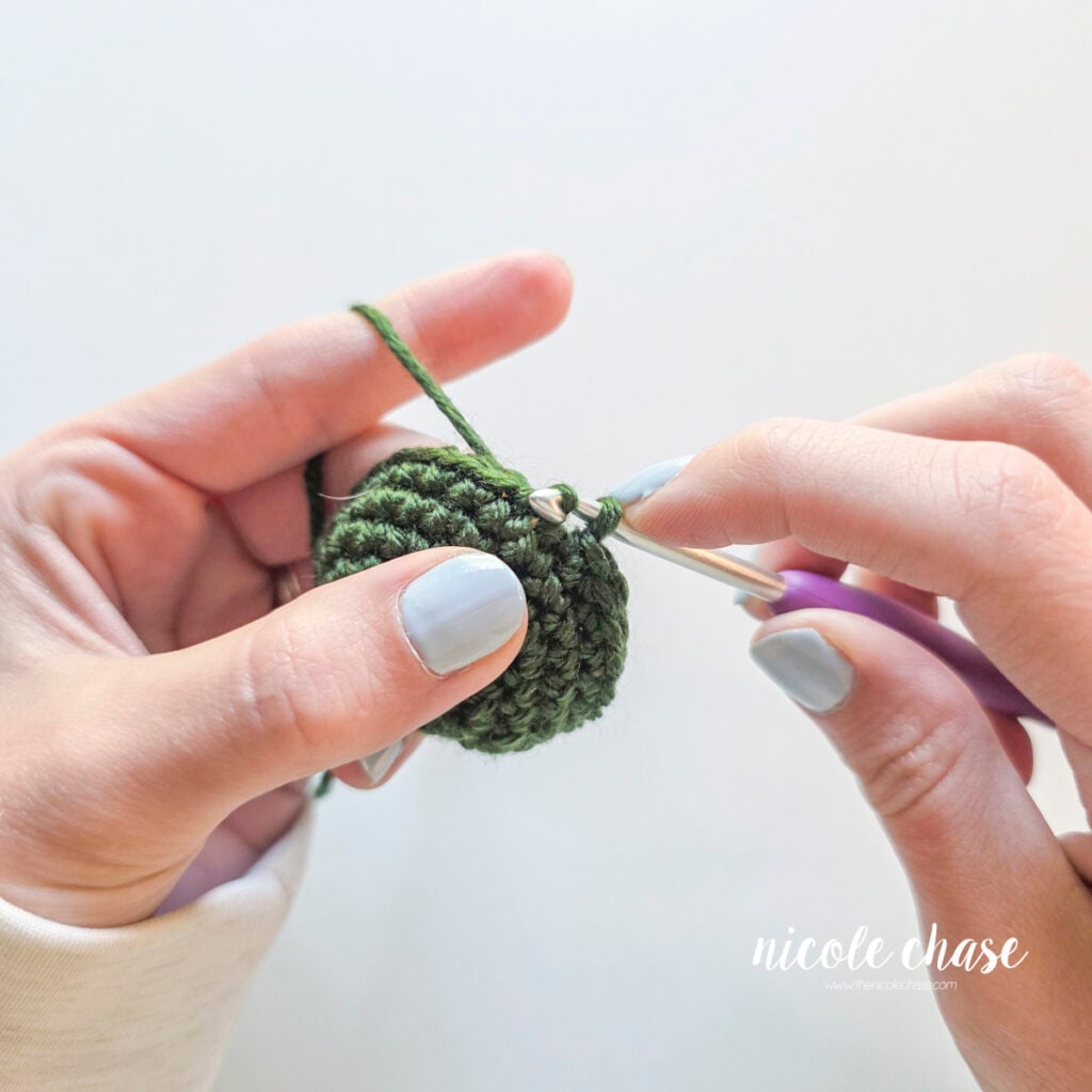 The green working yarn has been pulled through the loops of the stitch and is continuing to be pulled down. 