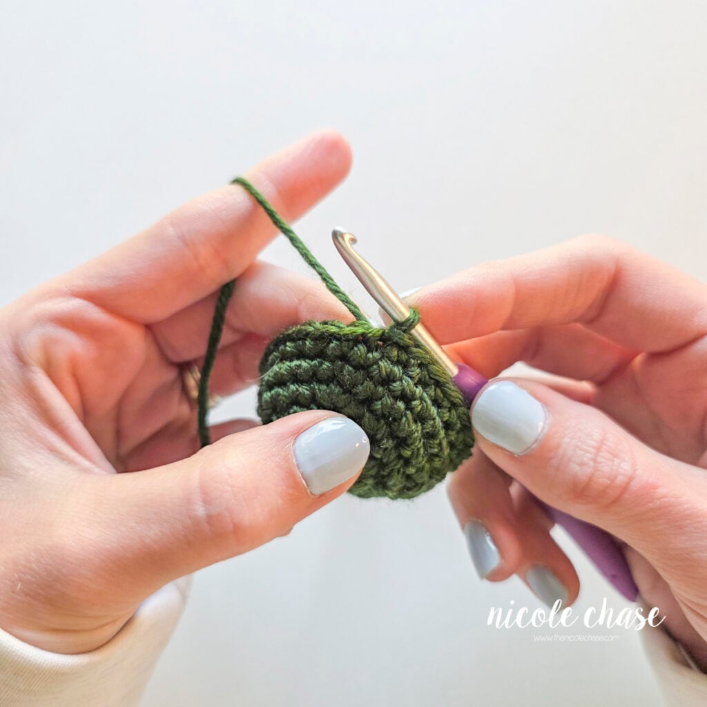 The green working yarn has been pulled down through both the loops of the stitch, as well as the loop that was on the hook, finishing off the slip stitch crochet. 
