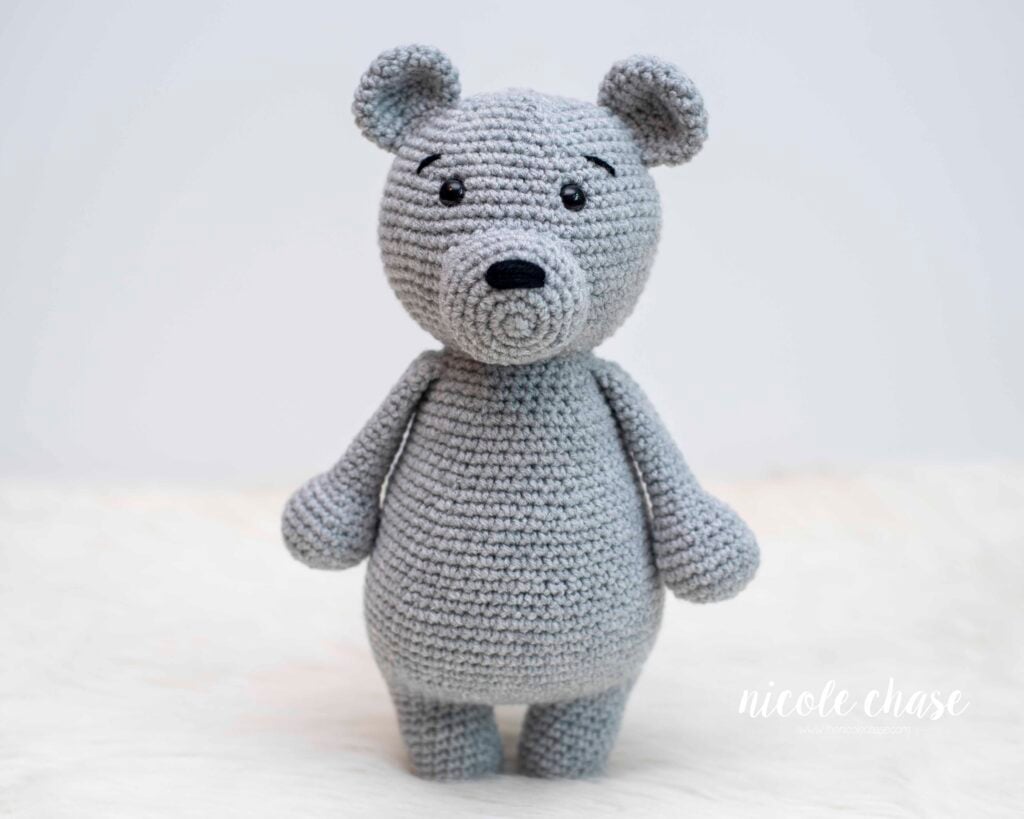gray bear amigurumi made with a free bear crochet pattern in a standing position