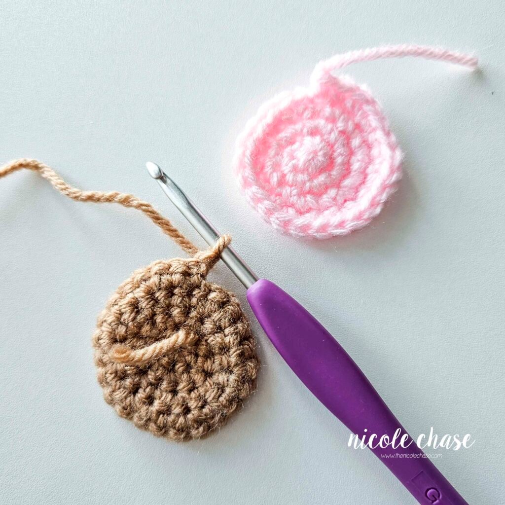 Joining the inner ear and outer ear together for the amigurumi mouse crochet pattern, step 3.