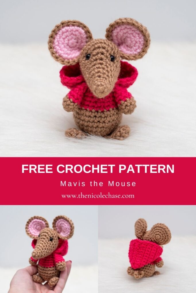 A Pinterest pin for a free mouse crochet pattern title Mavis the Mouse. The image features three photos: a front view of the brown amigurumi mouse in a pink sweater, a hand holding the mouse to show its small size, and a back view showing the hood and curly tail detail. 