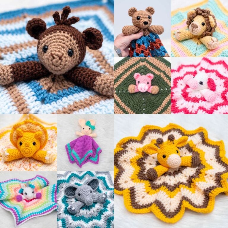A collage of free lovey crochet patterns designed by Nicole Chase, including various colorful crochet loveys with amigurumi animals such as a monkey, bunny, elephant, lion, giraffe, and more.