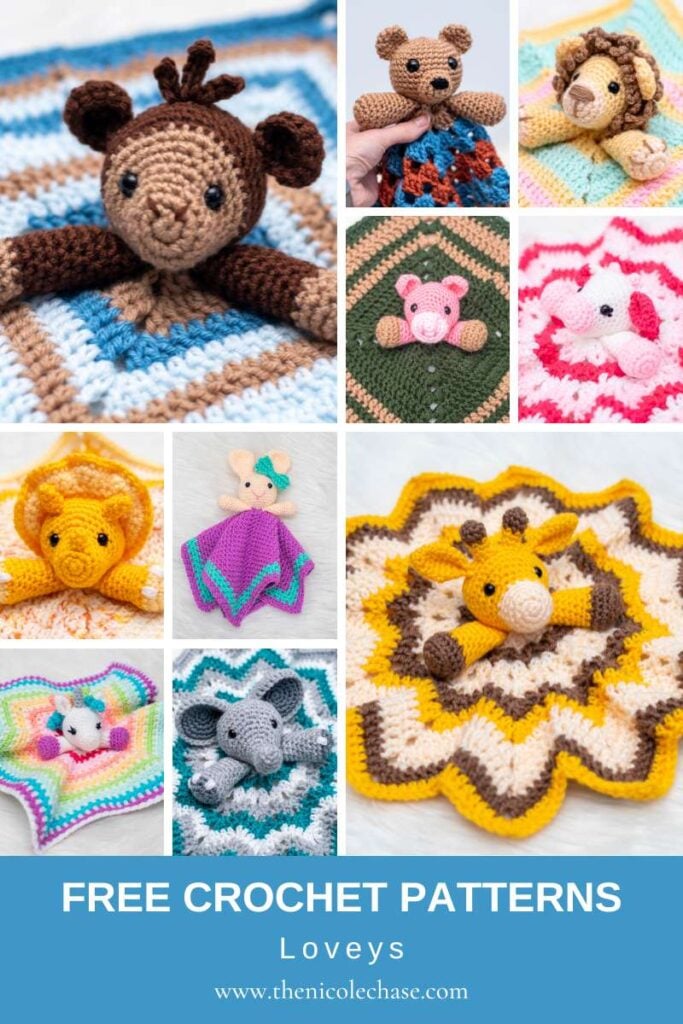 A Pinterest pin graphic for a collection of free lovey crochet patterns. The image features a collage of various animal loveys including a monkey, giraffe, bunny, unicorn, and more, with a banner that reads "Free Crochet Patterns". 