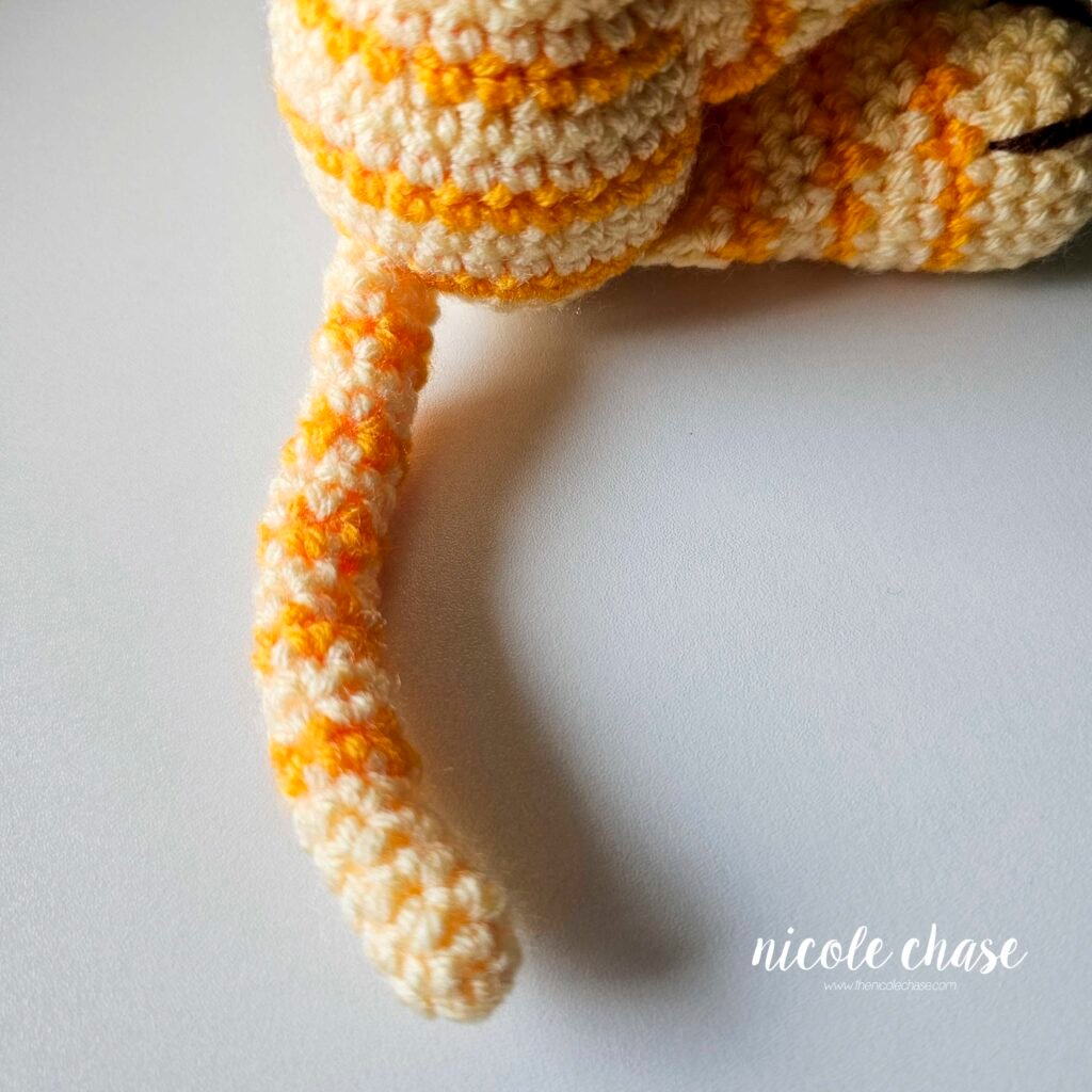 The tail sewn into place on the free cat crochet pattern. 