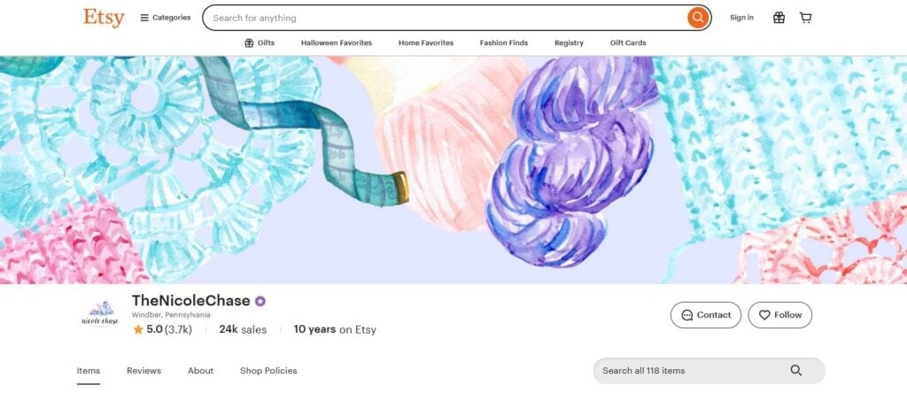 A screenshot of a handmade crochet shop on Etsy. 