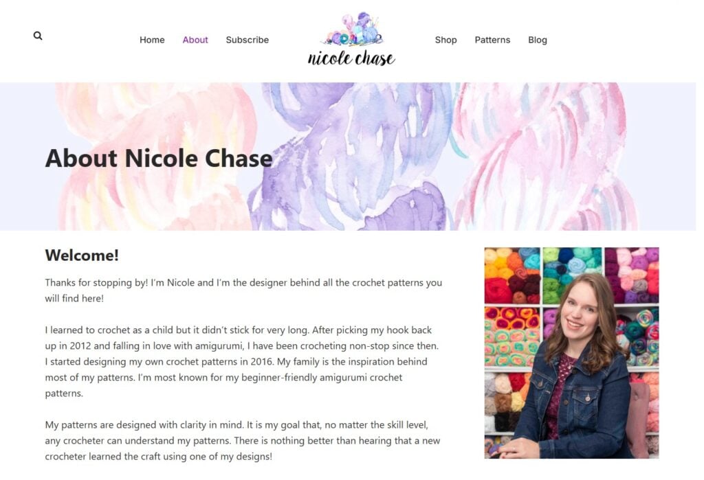 A screenshot of a handmade business website's About page. 