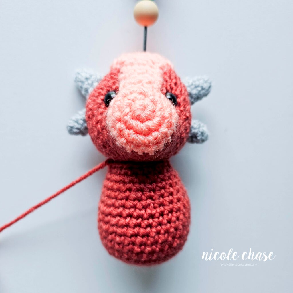 Head of the ankylosaurus amigurumi held to the body before sewing.