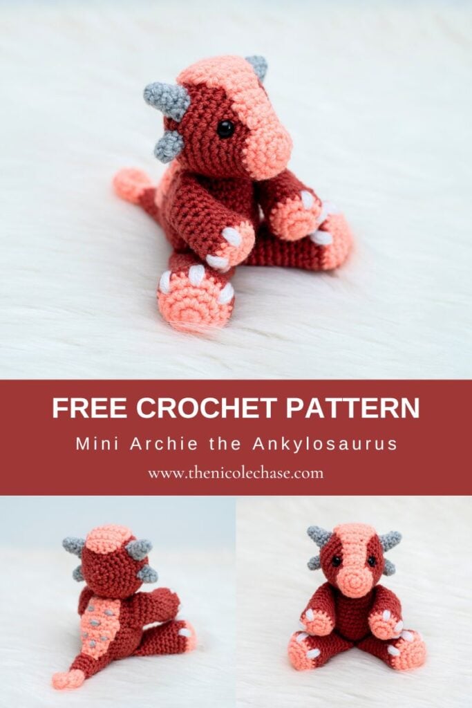 Mini Archie the Ankylosaurus amigurumi collage. A set of images for the free small dinosaur crochet pattern showing the finished plushie in dark red and peach yarn, plus a close-up of the easy armor plates and gray horns. 