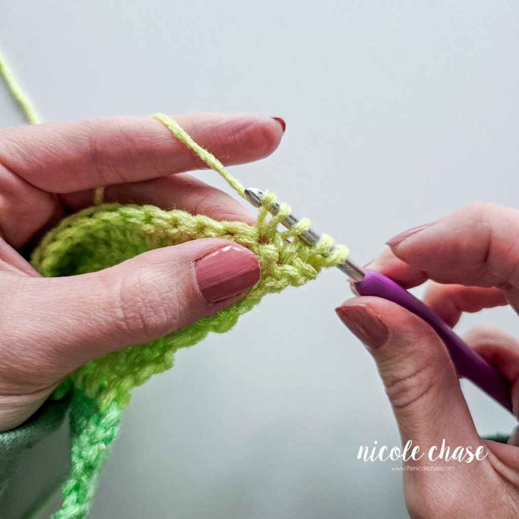 Working a double crochet decrease stitch, step 11.