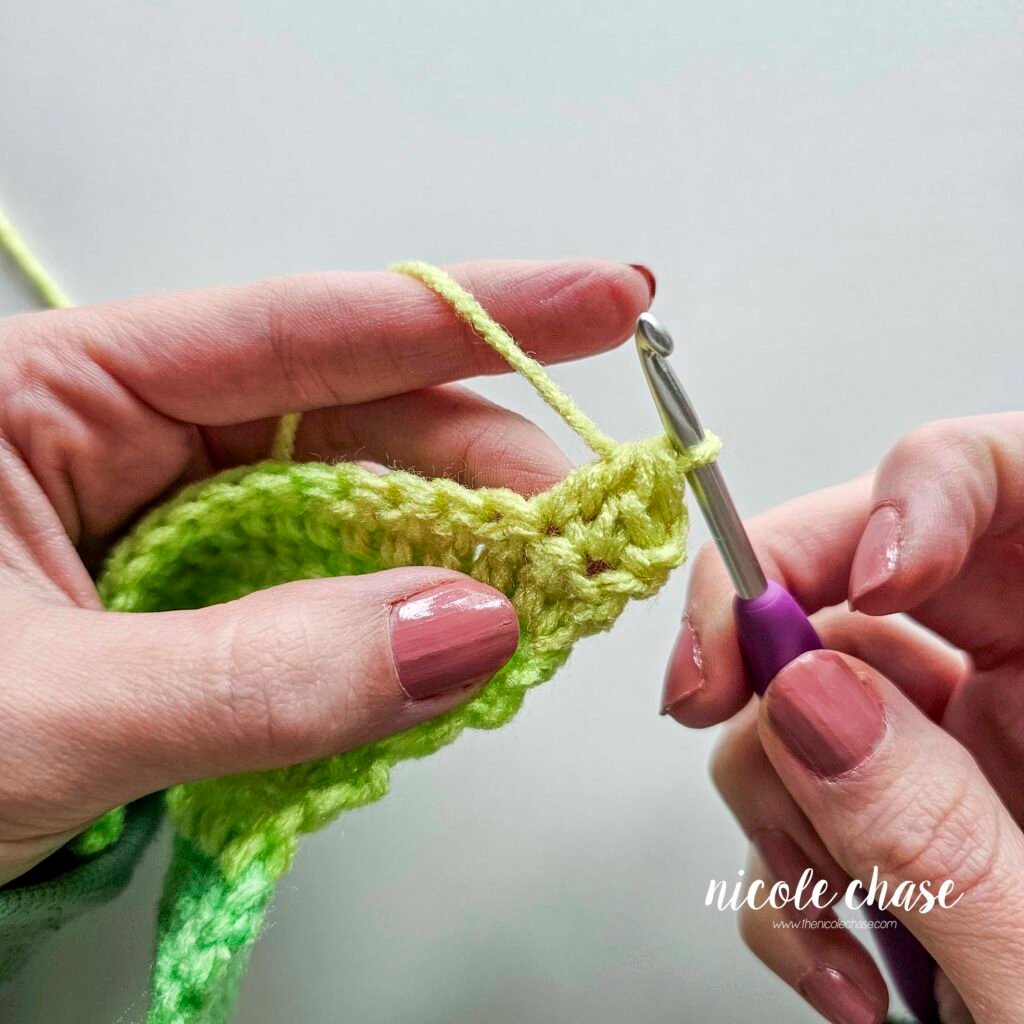 Working a double crochet decrease stitch, step 14.