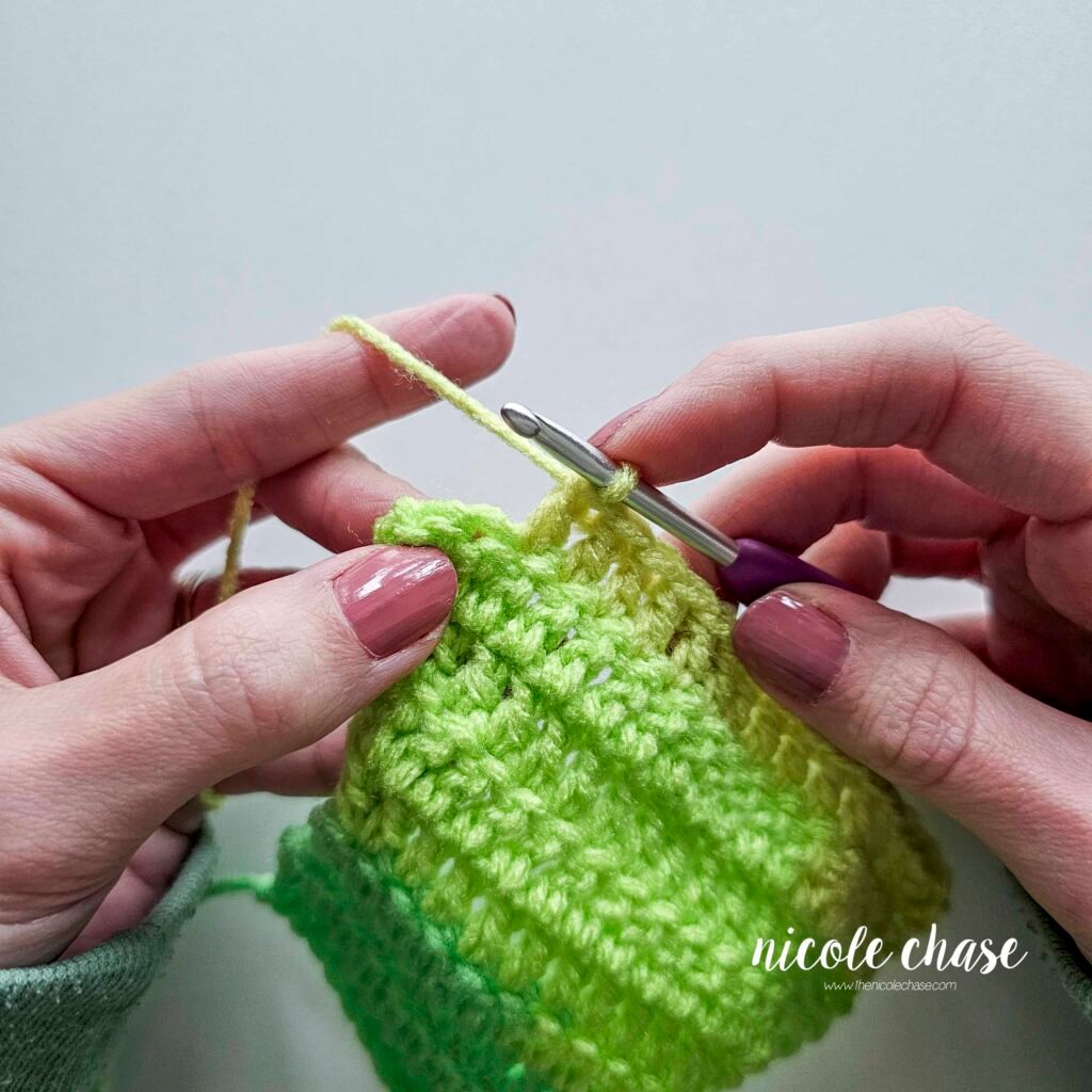The double crochet swatch prior to adding a decrease at the end of the row.