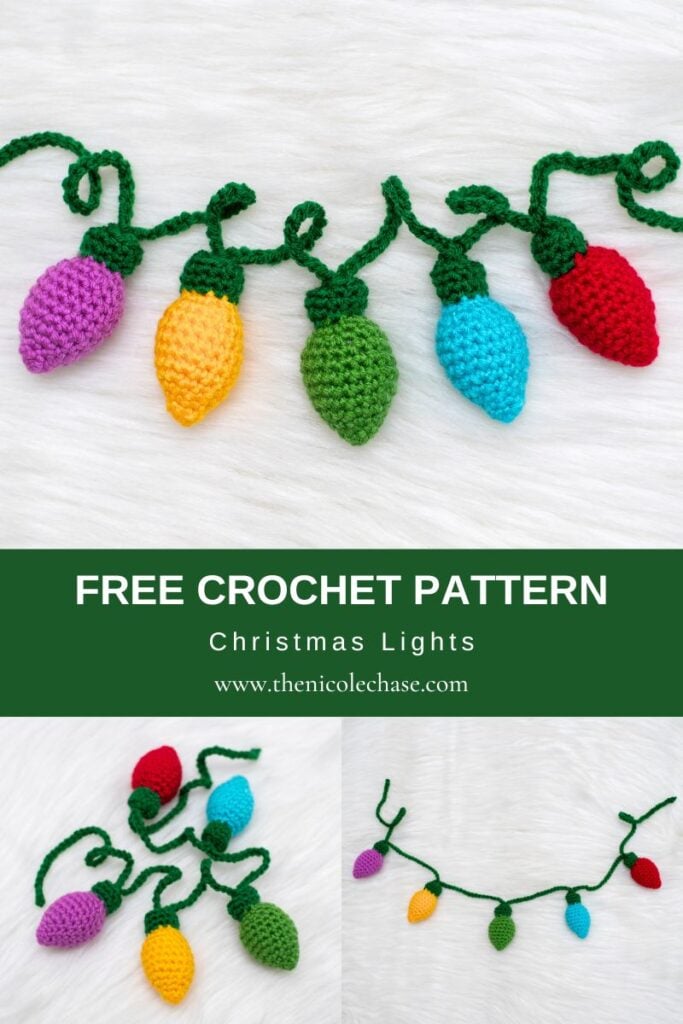 Pinterest pin graphic for the free crochet Christmas lights pattern. The pin shows a colorful crochet Christmas lights garland and encourages saving the pattern to make holiday decorations.