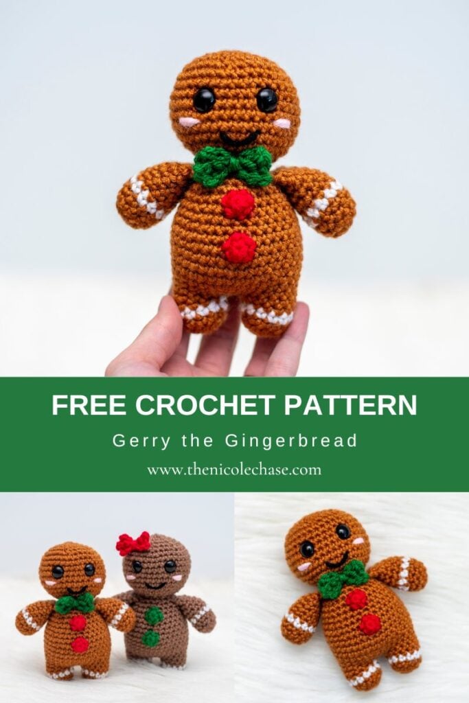Free nearly no-sew crochet gingerbread man pattern collage. The collage shows both Gerry the Gingerbread (boy with bow tie) and the girl version (with hair bow). This pattern is a quick, time-saving project perfect for holiday gifts and craft fair inventory.