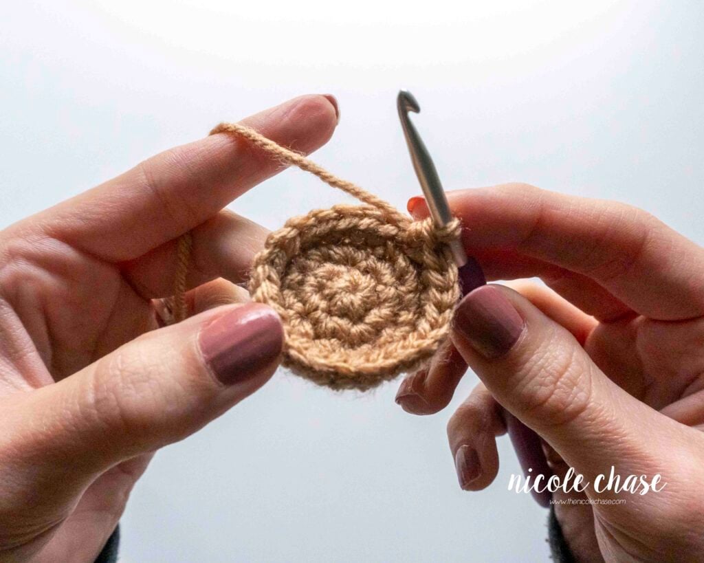 A small amigurumi piece showing the edges curling inward, with the right side on the interior and the wrong side on the exterior. This piece needs to be flipped.